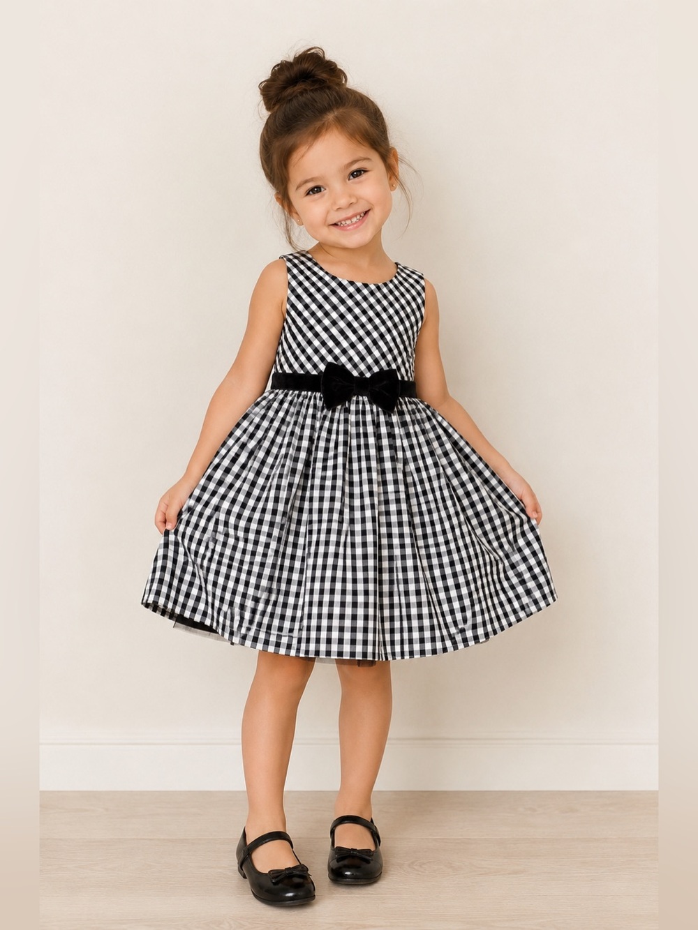 Popatu Girls Black White Gingham Dress Velvet Bow Party Holiday 3T